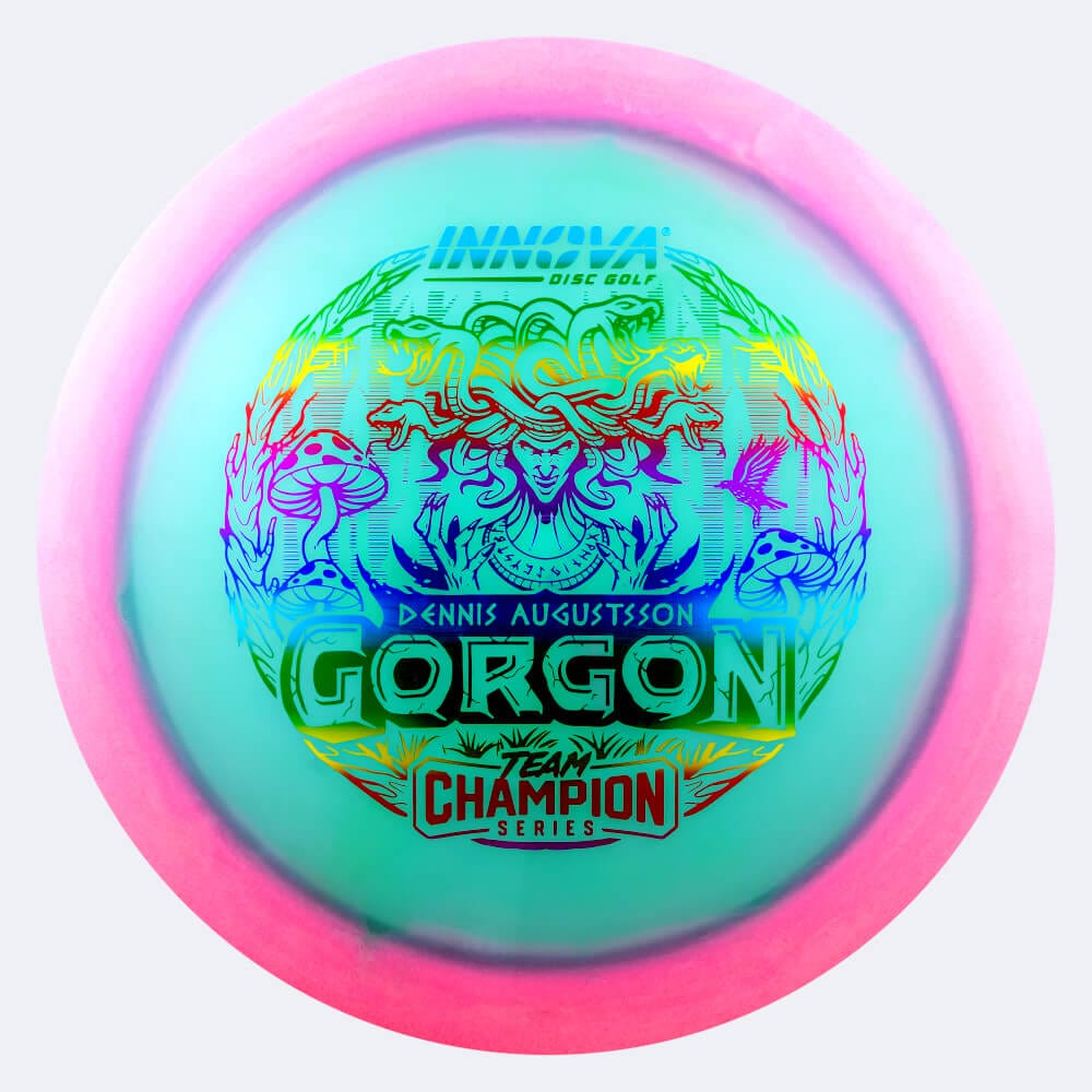 Innova Gorgon Dennis Augustsson Tour Series in turquoise-pink, halo champion proto glow plastic and glow effect