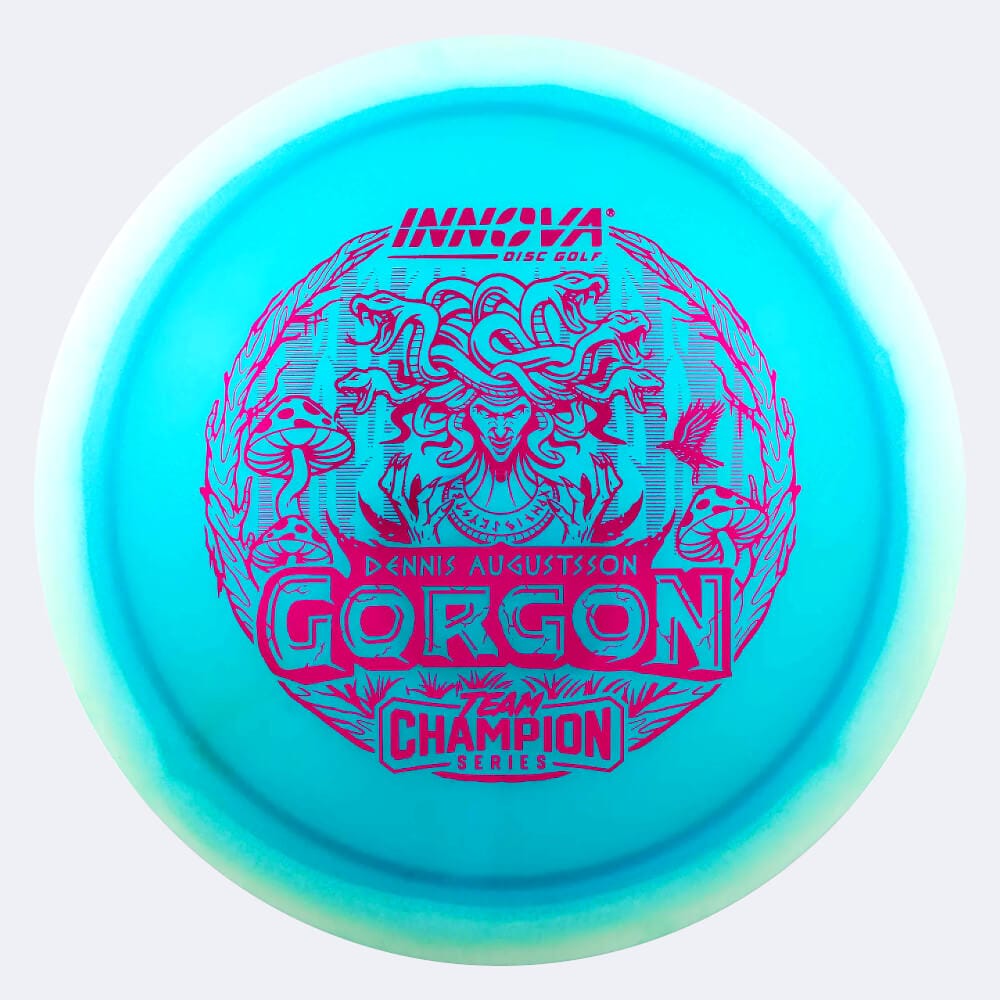 Innova Gorgon Dennis Augustsson Tour Series in weiss-blau, im Halo Champion Proto Glow Kunststoff und glow Spezialeffekt