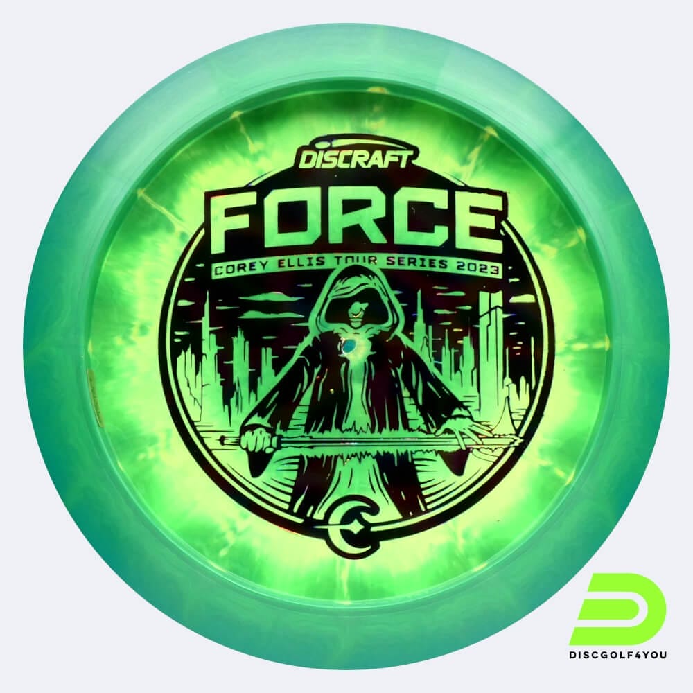 Discraft Force Corey Ellis Tour Series 2023 in grün, im ESP Kunststoff und bottomprint/burst Spezialeffekt