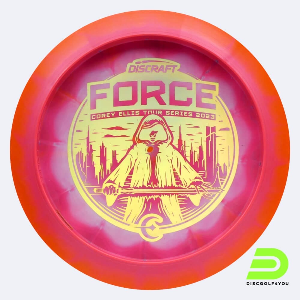 Discraft Force Corey Ellis Tour Series 2023 in pink, esp plastic and bottomprint/burst effect