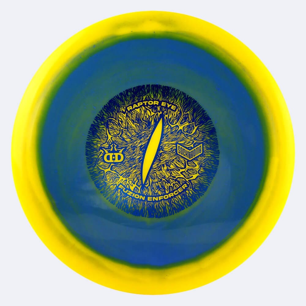 Dynamic Discs Sockibomb Enforcer Raptor Eye in gelb-blau, im Fuzion Orbit Kunststoff und ohne Spezialeffekt