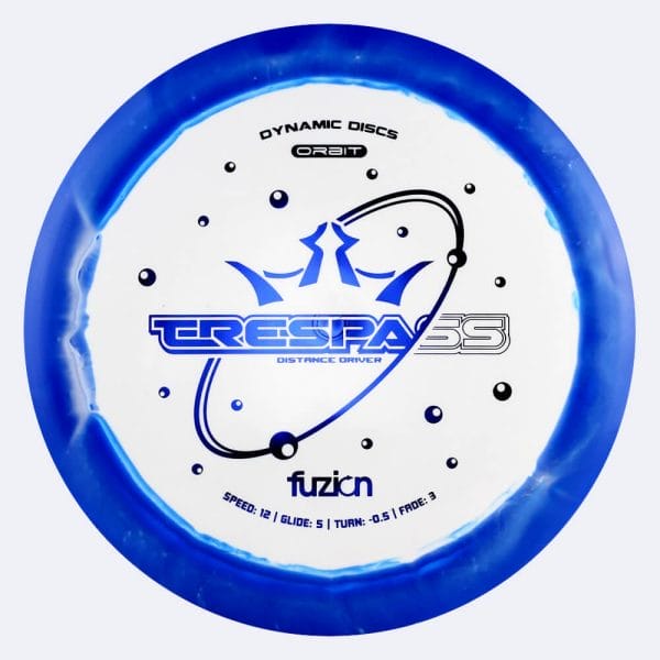 Dynamic Discs Trespass in white-blue, fuzion orbit plastic