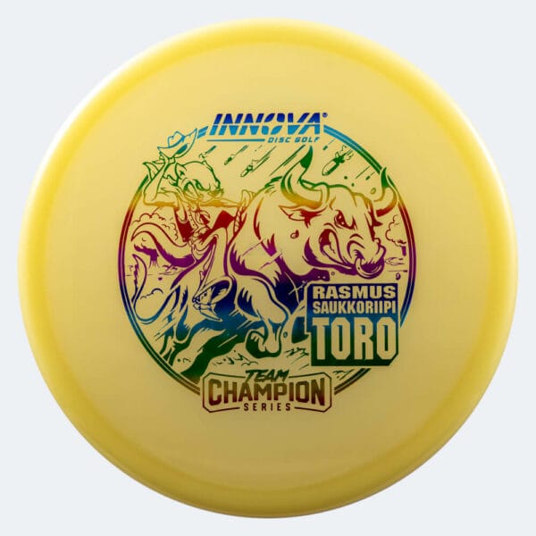 Innova Toro Rasmus Saukkoriipi Tour Series in yellow, proto glow champion plastic and glow effect