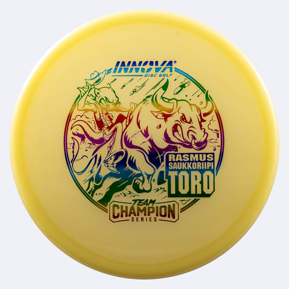 Innova Toro Rasmus Saukkoriipi Tour Series in yellow, proto glow champion plastic and glow effect